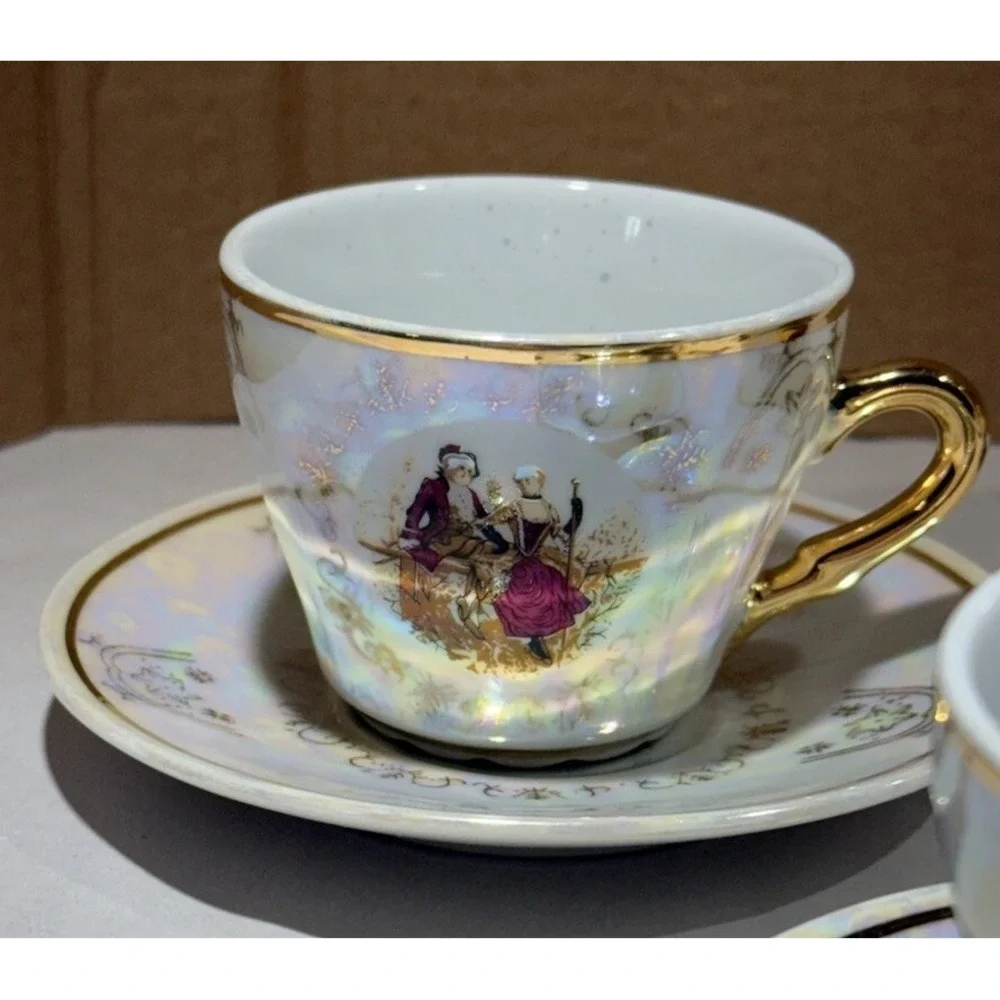 Romeo And Juliet Tea Pot 4 Tea Cups 4 Saucers Gold Trim Handles Iridescent White
